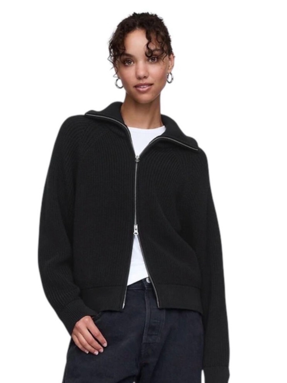 Y2K GAP Black Ribbed Double Zip-Up Spread Collar Sweater Cardigan